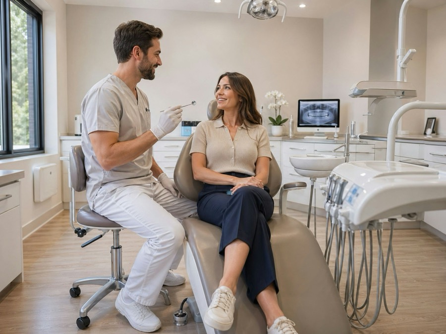 Un dentiste discute avec une patiente dans une clinique lumineuse